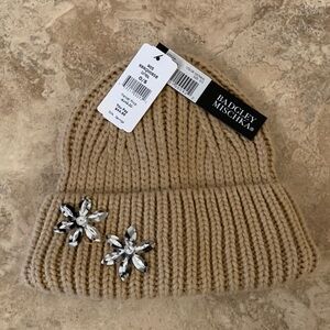 Badgley Mischka NEW Beige Taupe Knit Beanie with Crystal Accents toque hat